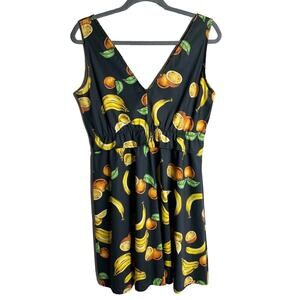 Lumina Women's Sun Dress Size M Black Fruit Print Sleeveless Fit & Flare V-Neck